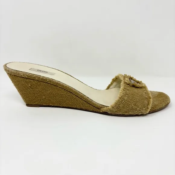 PRADA Triangle Logo Woven Jute Wedge Sandals in Natural Tan Size 40