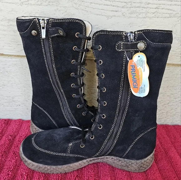 Primigi Enora Girl's Black Boots Suede Leather Zip Up with Lace Size:EU 34~US 3