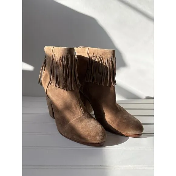Rag &amp; Bone Newbury Fringed Camel Suede Ankle Boots Size 10