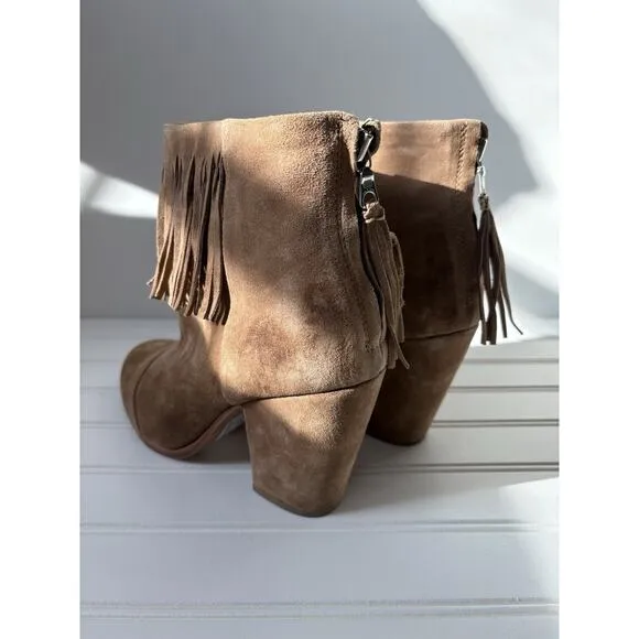 Rag &amp; Bone Newbury Fringed Camel Suede Ankle Boots Size 10
