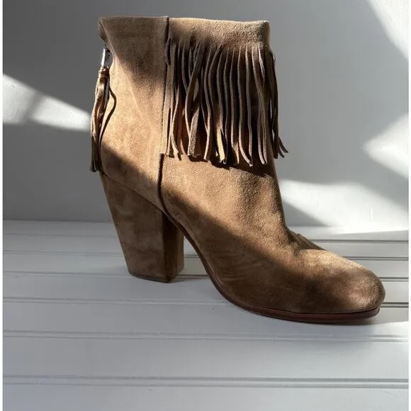 Rag &amp; Bone Newbury Fringed Camel Suede Ankle Boots Size 10