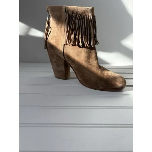 Rag &amp; Bone Newbury Fringed Camel Suede Ankle Boots Size 10