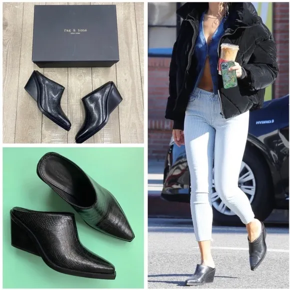 Rag &amp; Bone Santiago Wedge Mule Black Croco size 37/7