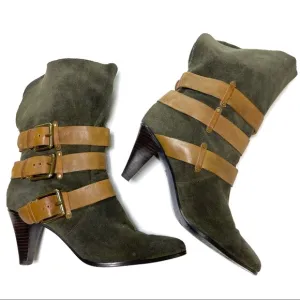 Rebecca Minkoff Bliss Buckle Boots Green Brown Suede 8.5