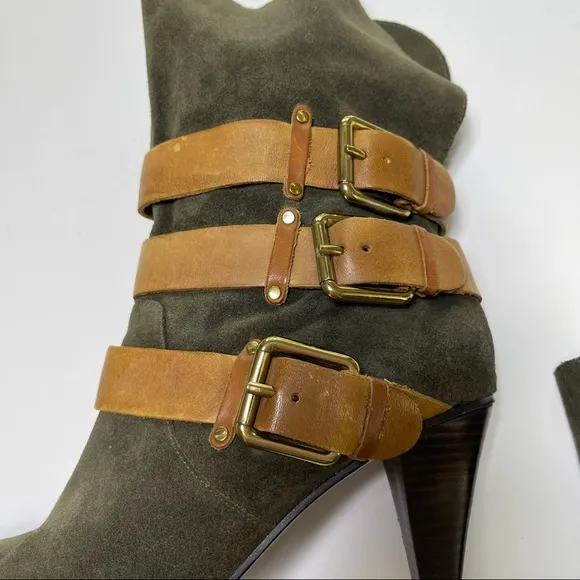 Rebecca Minkoff Bliss Buckle Boots Green Brown Suede 8.5