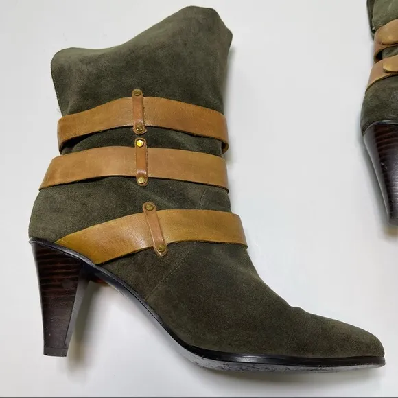 Rebecca Minkoff Bliss Buckle Boots Green Brown Suede 8.5