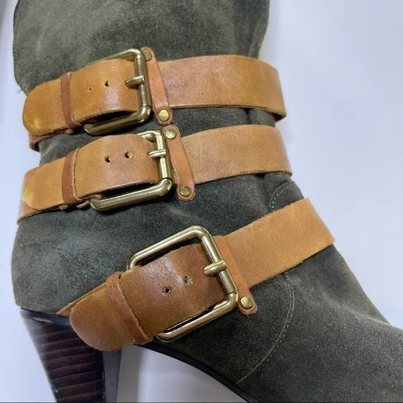 Rebecca Minkoff Bliss Buckle Boots Green Brown Suede 8.5