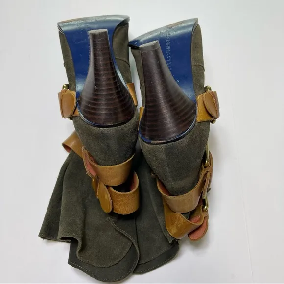 Rebecca Minkoff Bliss Buckle Boots Green Brown Suede 8.5