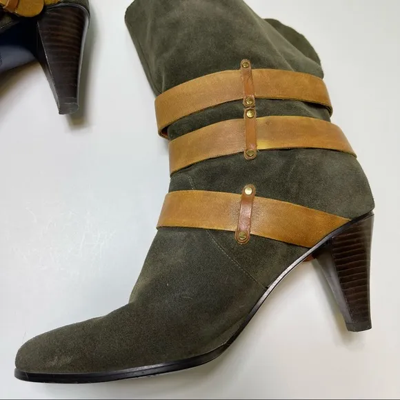 Rebecca Minkoff Bliss Buckle Boots Green Brown Suede 8.5