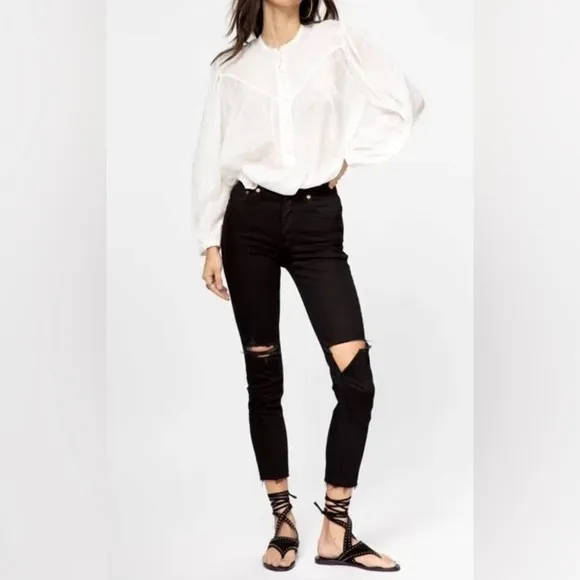 Re/Done 90'S High Rise Ankle Crop In Jet Black With Rips