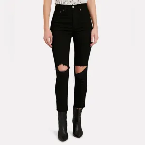 Re/Done 90'S High Rise Ankle Crop In Jet Black With Rips