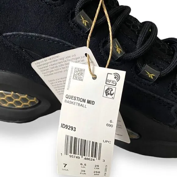 Reebok Question Mid 2022 Retro Basketball Black Shoes Iverson Mens size 7 ID9293