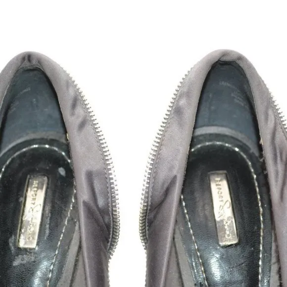 Report Gray Satin Leather &amp; Zipper Ruffle Platform Modern Mod Stilettoes Heels 7