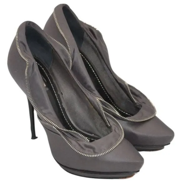 Report Gray Satin Leather &amp; Zipper Ruffle Platform Modern Mod Stilettoes Heels 7