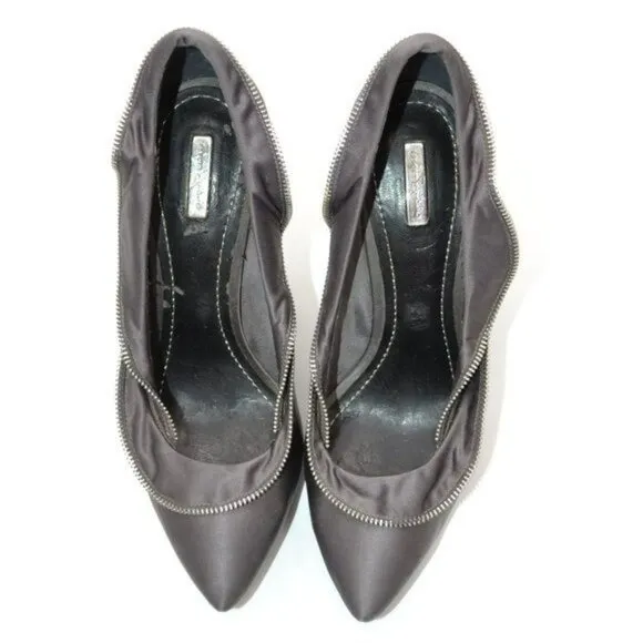 Report Gray Satin Leather &amp; Zipper Ruffle Platform Modern Mod Stilettoes Heels 7