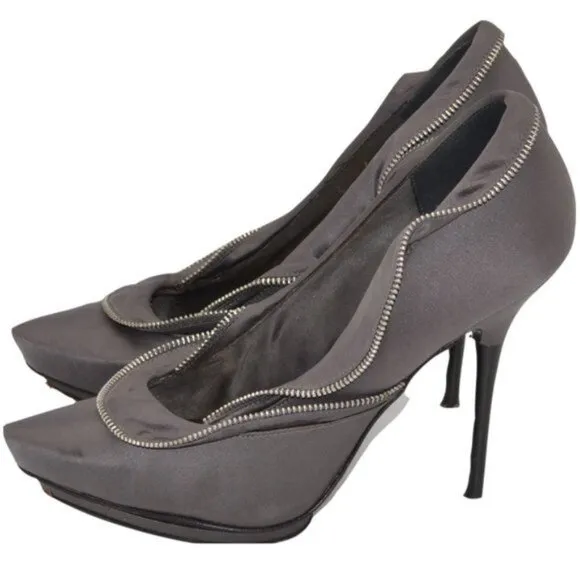Report Gray Satin Leather &amp; Zipper Ruffle Platform Modern Mod Stilettoes Heels 7