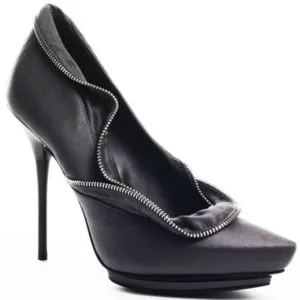 Report Gray Satin Leather &amp; Zipper Ruffle Platform Modern Mod Stilettoes Heels 7