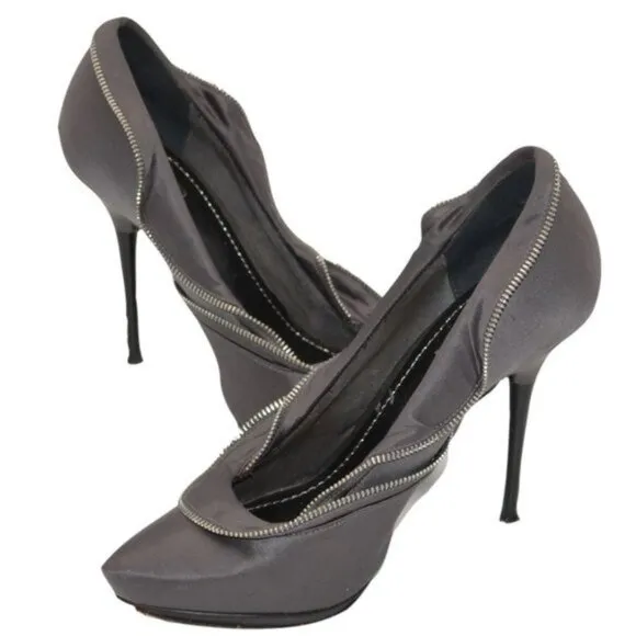 Report Gray Satin Leather &amp; Zipper Ruffle Platform Modern Mod Stilettoes Heels 7
