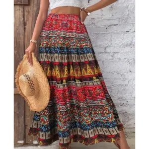 RESTOCK! Boho High Elastic Waist Patterned Ruffle Tiered Colorful Maxi Skirt!