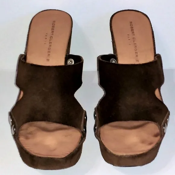 *Robert Clergerie Paris brown green suede platform clogs 8.5