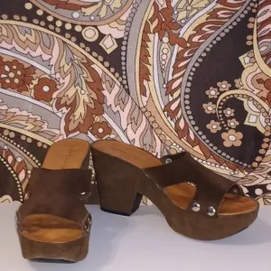 *Robert Clergerie Paris brown green suede platform clogs 8.5