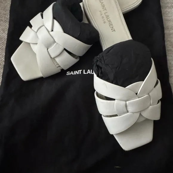 Saint Laurent White Sandals with Woven Design