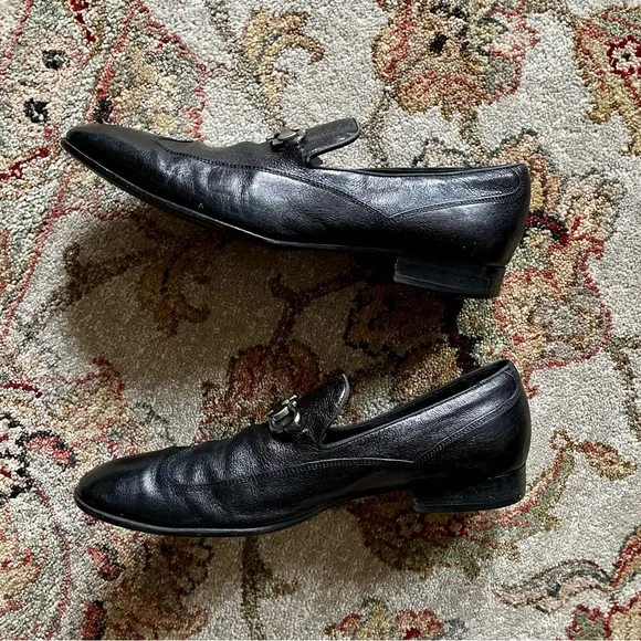 Salvatore Ferragamo Gancini Horsebit Slip On Dress Shoes, Black, 9.5 EE, Wide