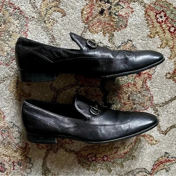 Salvatore Ferragamo Gancini Horsebit Slip On Dress Shoes, Black, 9.5 EE, Wide