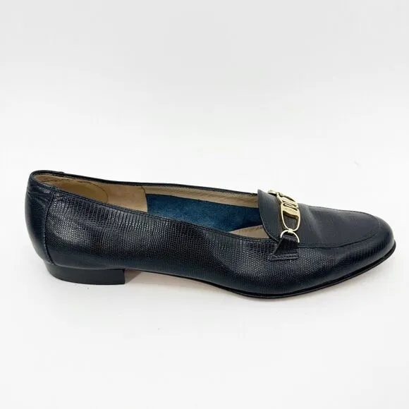 Salvatore Ferragamo Womens Shoes 8.5 Black Leather Loafer Y2K 90s Gold Hardware