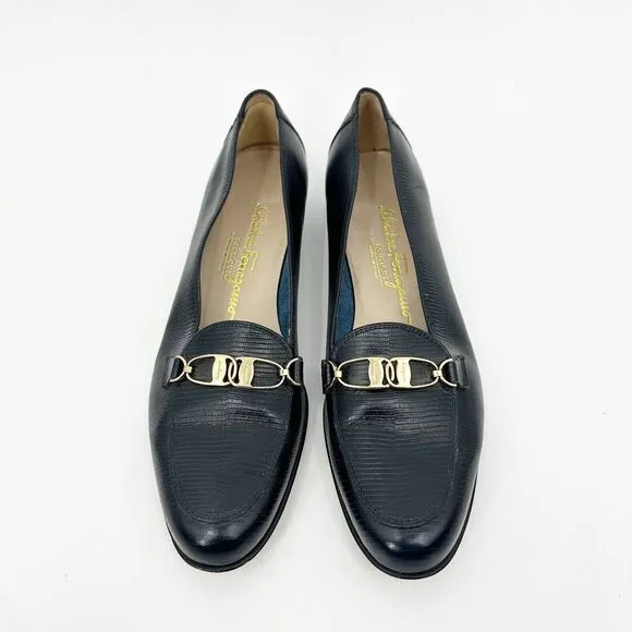 Salvatore Ferragamo Womens Shoes 8.5 Black Leather Loafer Y2K 90s Gold Hardware