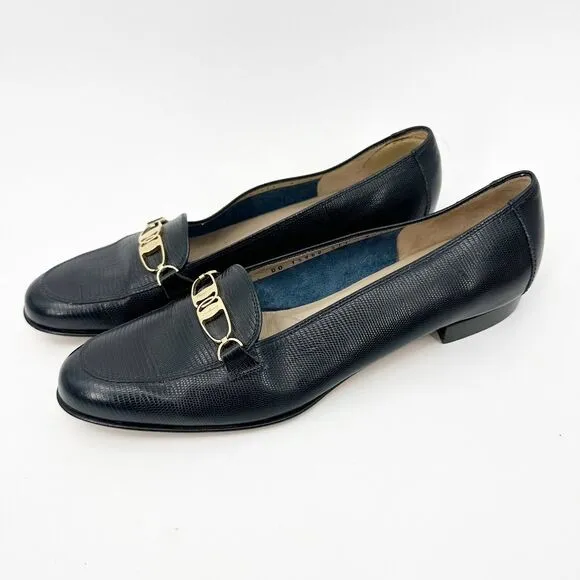 Salvatore Ferragamo Womens Shoes 8.5 Black Leather Loafer Y2K 90s Gold Hardware