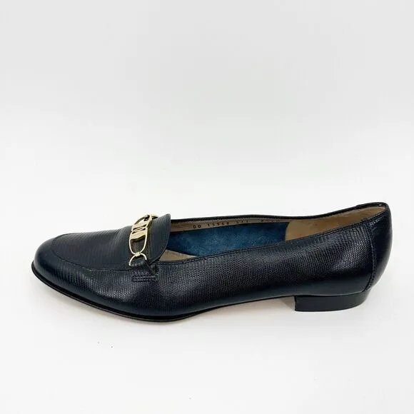 Salvatore Ferragamo Womens Shoes 8.5 Black Leather Loafer Y2K 90s Gold Hardware