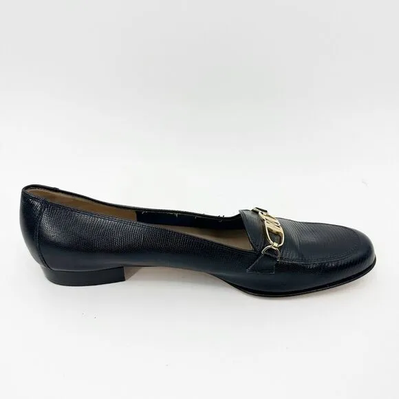 Salvatore Ferragamo Womens Shoes 8.5 Black Leather Loafer Y2K 90s Gold Hardware