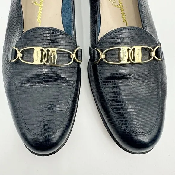 Salvatore Ferragamo Womens Shoes 8.5 Black Leather Loafer Y2K 90s Gold Hardware