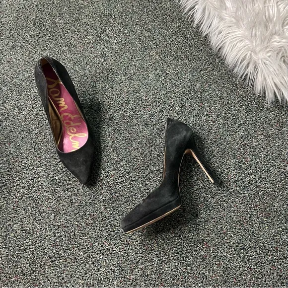 SAM EDELMAN Black Pointed Toe Suede Platform Stiletto Heels Leather Shoes Sz 7