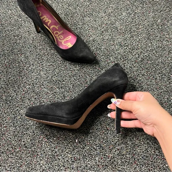 SAM EDELMAN Black Pointed Toe Suede Platform Stiletto Heels Leather Shoes Sz 7