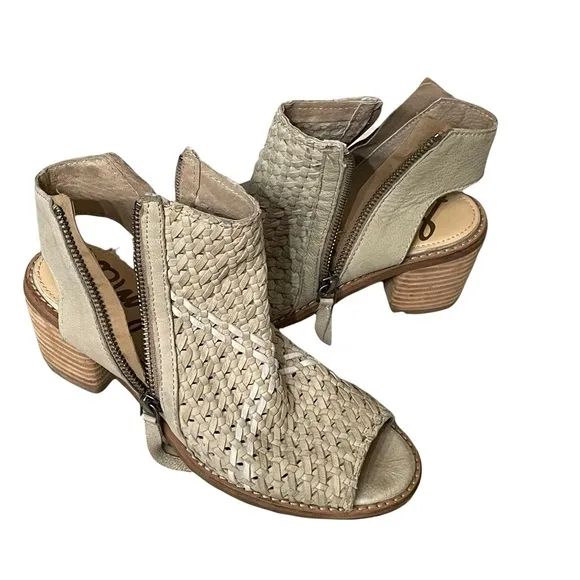 Sam Edelman Cooper Woven Leather Peep Toe Sandals Size 6.5 Block Heel