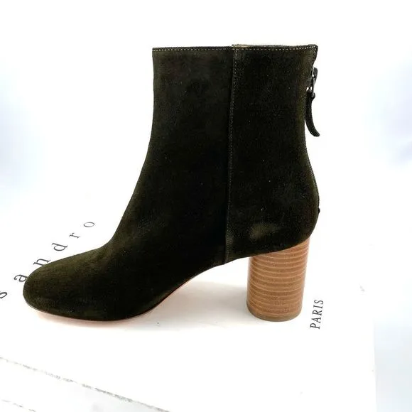 Sandro Sacha olive green Suede Ankle Booties wood heel EU 40/ US 10