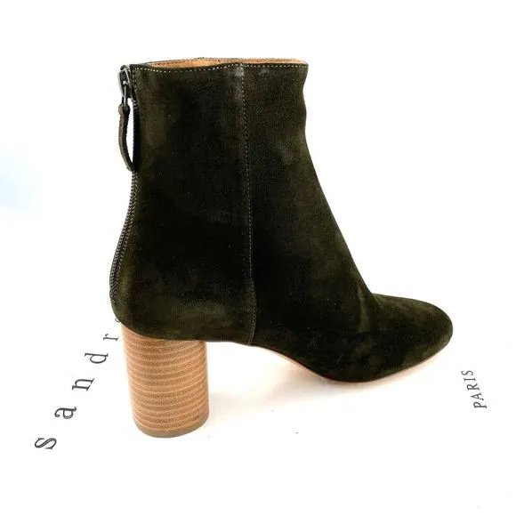 Sandro Sacha olive green Suede Ankle Booties wood heel EU 40/ US 10