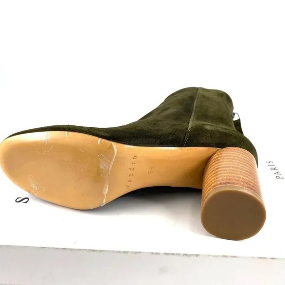 Sandro Sacha olive green Suede Ankle Booties wood heel EU 40/ US 10