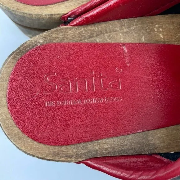 Sanita Leia Clogs 42 Black Red Leather Wood Slip On Danish Shoes Womens