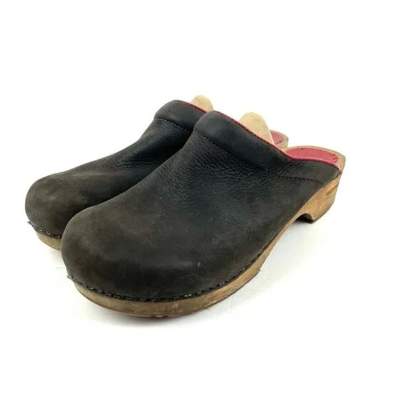 Sanita Leia Clogs 42 Black Red Leather Wood Slip On Danish Shoes Womens