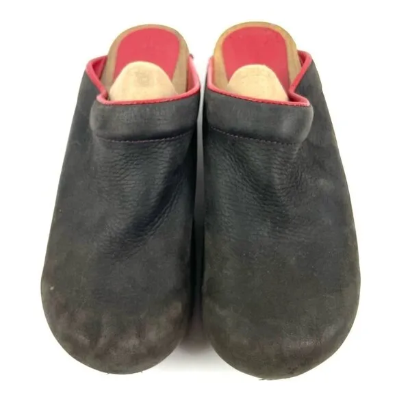 Sanita Leia Clogs 42 Black Red Leather Wood Slip On Danish Shoes Womens