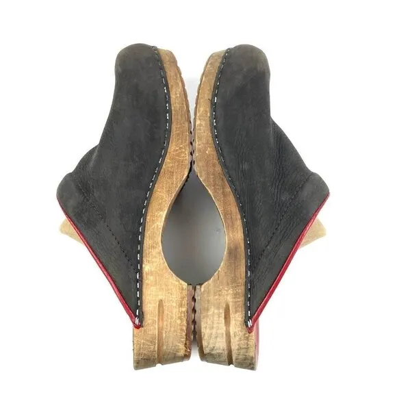 Sanita Leia Clogs 42 Black Red Leather Wood Slip On Danish Shoes Womens
