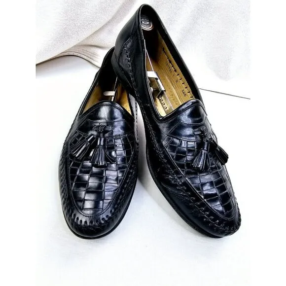 Santoni Size 10.5D Men Slip On Tassel Accent Black Leather Loafers Made In Italy
