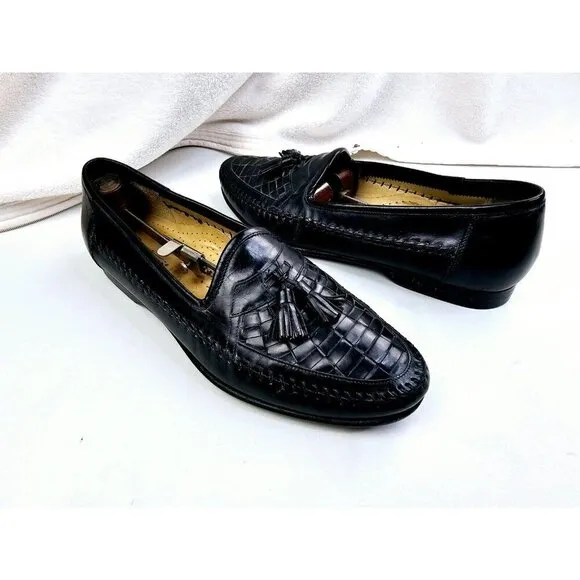 Santoni Size 10.5D Men Slip On Tassel Accent Black Leather Loafers Made In Italy