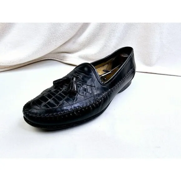 Santoni Size 10.5D Men Slip On Tassel Accent Black Leather Loafers Made In Italy