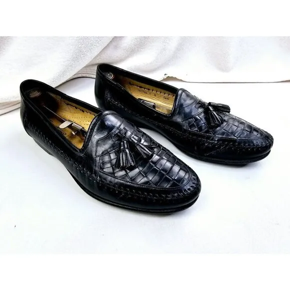 Santoni Size 10.5D Men Slip On Tassel Accent Black Leather Loafers Made In Italy