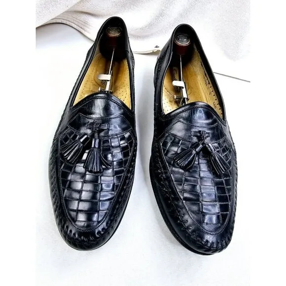 Santoni Size 10.5D Men Slip On Tassel Accent Black Leather Loafers Made In Italy