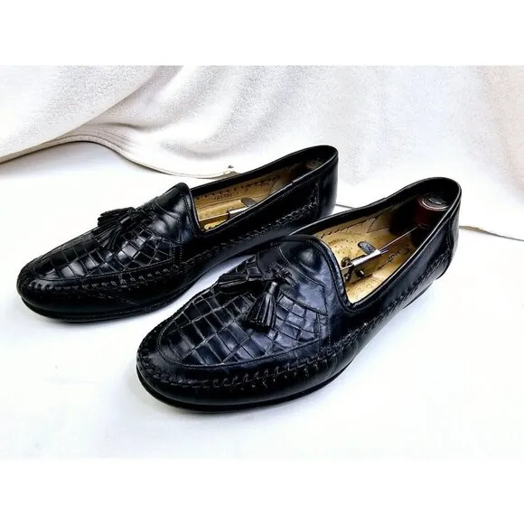 Santoni Size 10.5D Men Slip On Tassel Accent Black Leather Loafers Made In Italy